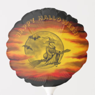 Flying witch with black cat , halloween night balloon