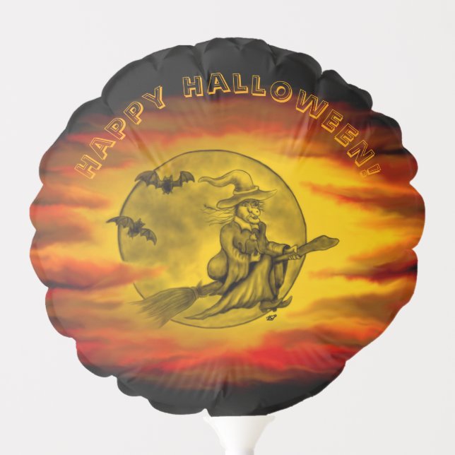 Flying witch with black cat , halloween night balloon (Front)