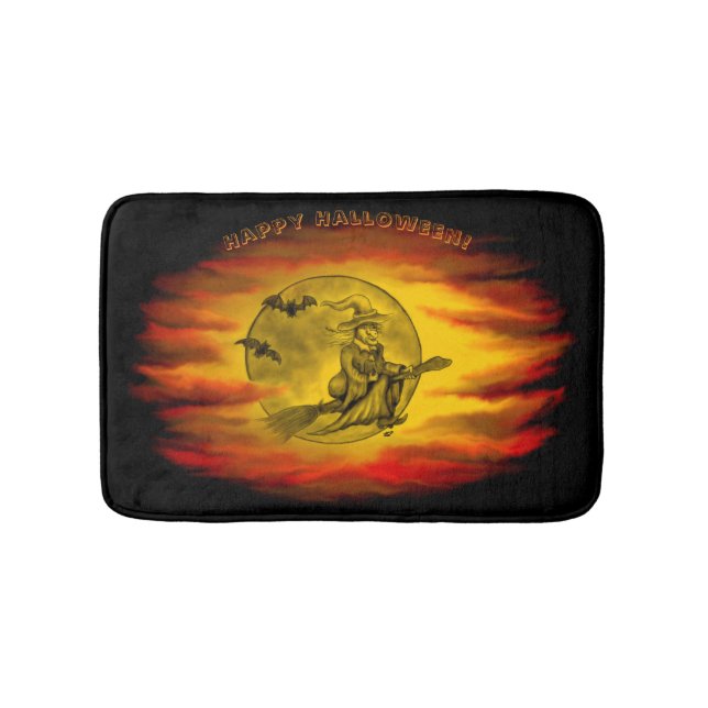 Flying witch with black cat , halloween night bath mat (Front)