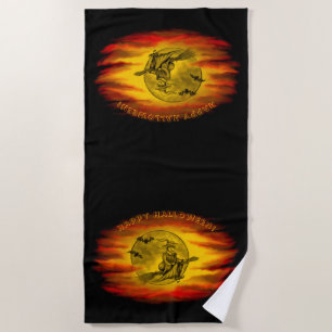 Flying witch with black cat , halloween night beach towel