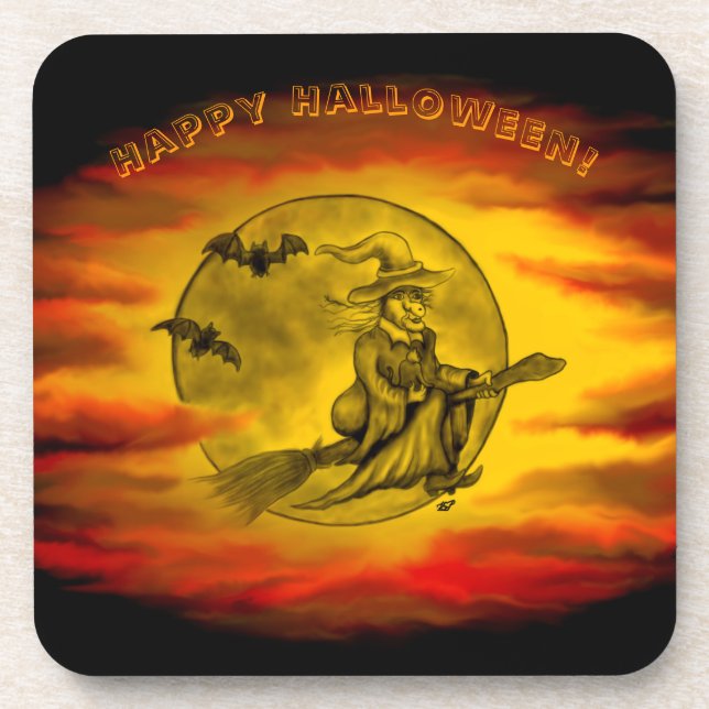Flying witch with black cat , halloween night beverage coaster (Front)