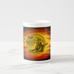 Flying witch with black cat , halloween night bone china mug