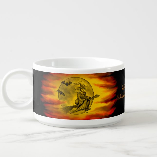 Flying witch with black cat , halloween night bowl (Right)