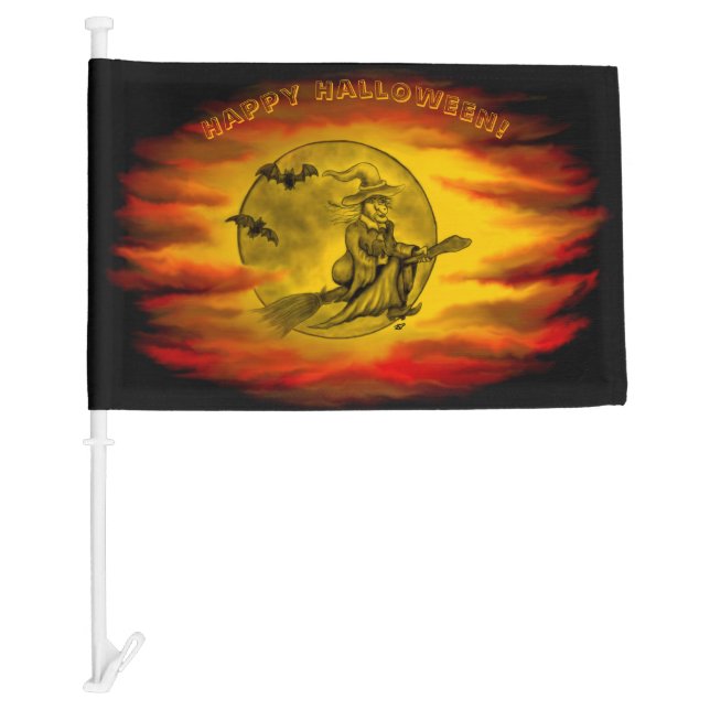Flying witch with black cat , halloween night car flag (Front)