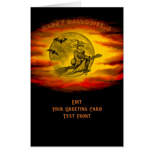 Flying witch with black cat , halloween night card