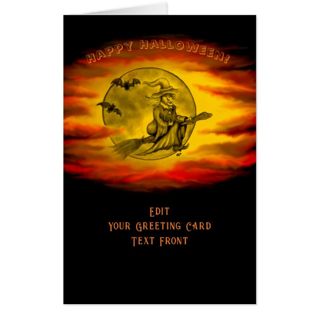 Flying witch with black cat , halloween night card (Front)