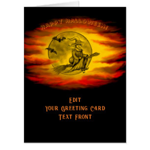 Flying witch with black cat , halloween night card