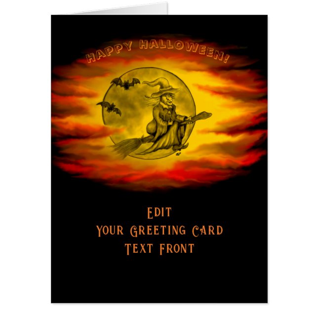 Flying witch with black cat , halloween night card (Front)