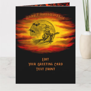 Flying witch with black cat , halloween night card