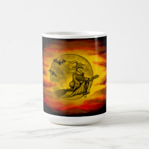 Flying witch with black cat , halloween night color morph mug