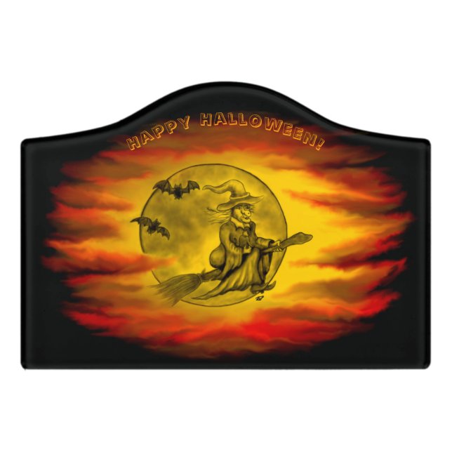 Flying witch with black cat , halloween night door sign (Small Crest Front)