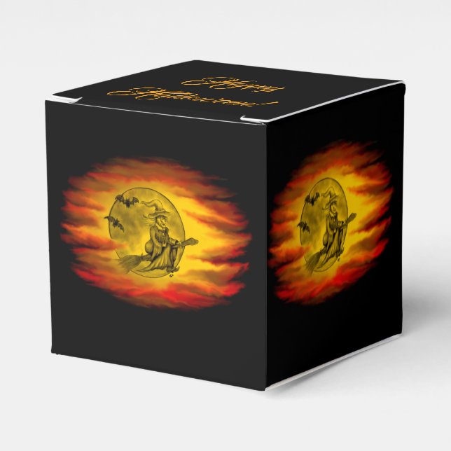 Flying witch with black cat , halloween night favor boxes (Front Side)