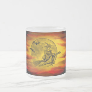 Flying witch with black cat , halloween night frosted glass coffee mug