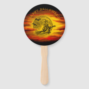 Flying witch with black cat , halloween night hand fan