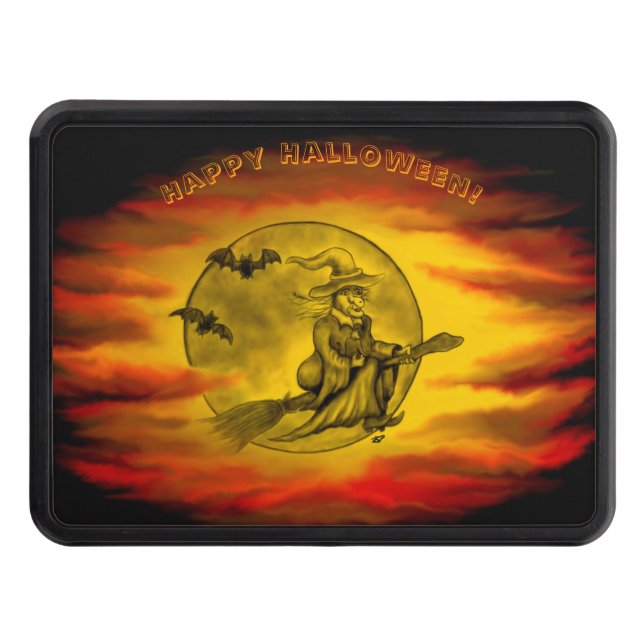 Flying witch with black cat , halloween night hitch cover (Front)