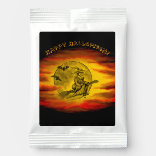 Flying witch with black cat , halloween night hot chocolate drink mix