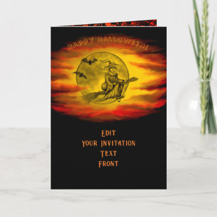 Flying witch with black cat , halloween night invitation