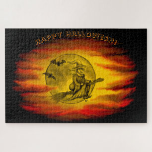 Flying witch with black cat , halloween night jigsaw puzzle