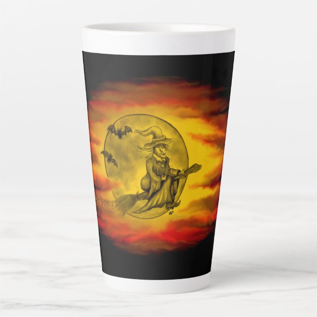 Flying witch with black cat , halloween night latte mug (Front)