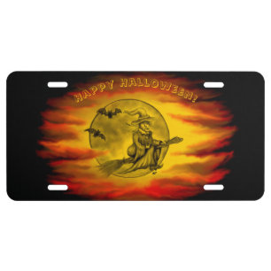 Flying witch with black cat , halloween night license plate