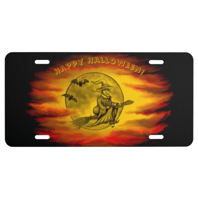 Flying witch with black cat , halloween night license plate (Front)