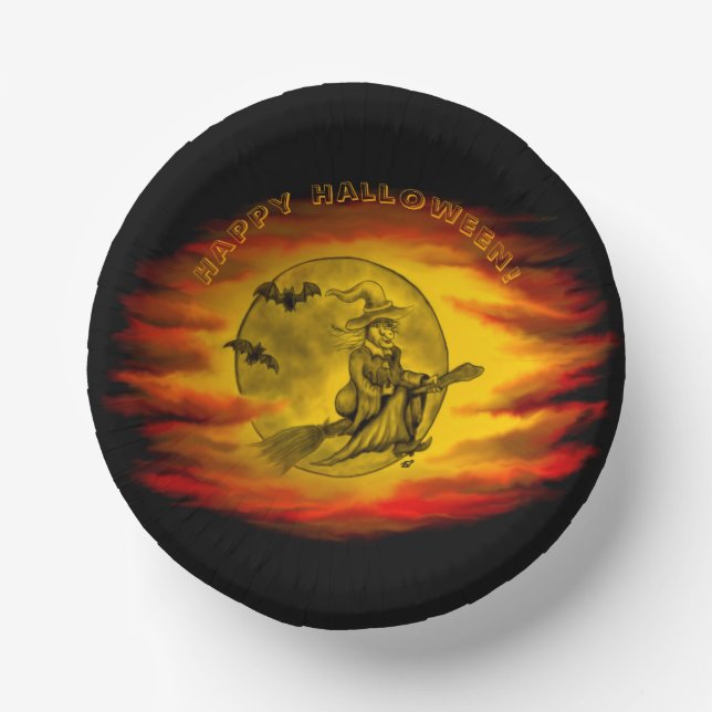 Flying witch with black cat , halloween night paper bowls (Front)