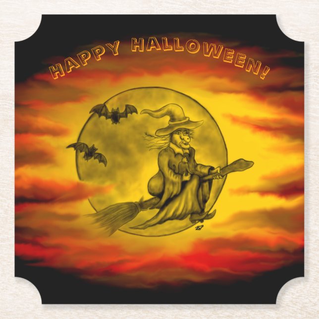 Flying witch with black cat , halloween night paper coaster (Front)
