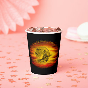 Flying witch with black cat , halloween night paper cups