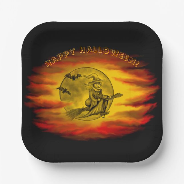 Flying witch with black cat , halloween night paper plates (Front)