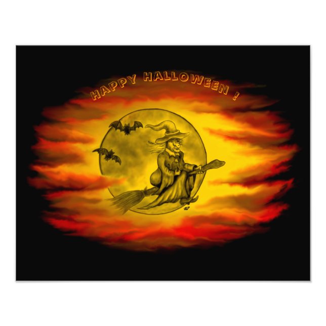 Flying witch with black cat , halloween night photo print (Front)