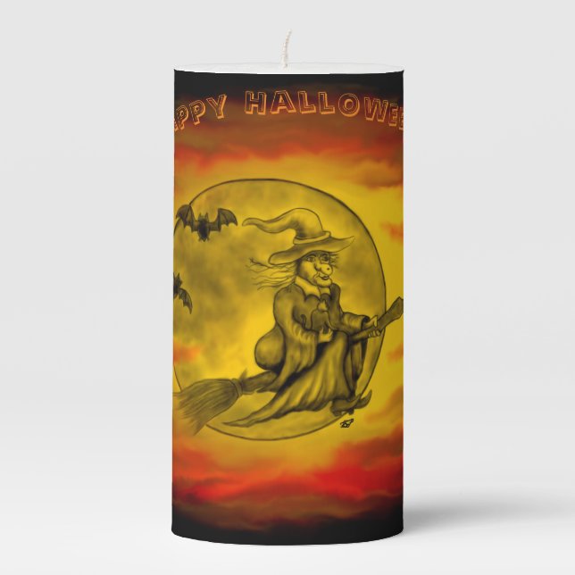 Flying witch with black cat , halloween night pillar candle (Front)