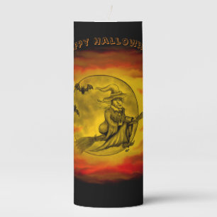Flying witch with black cat , halloween night pillar candle