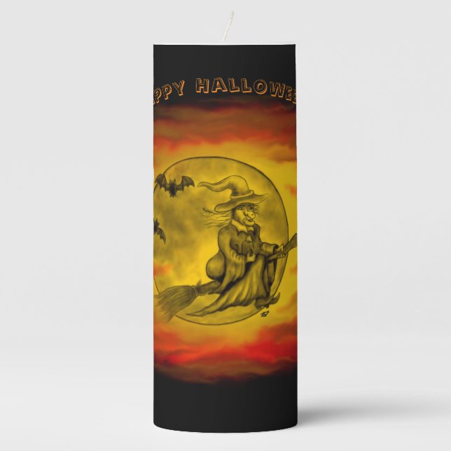 Flying witch with black cat , halloween night pillar candle (Front)