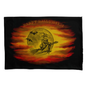 Flying witch with black cat , halloween night pillow case