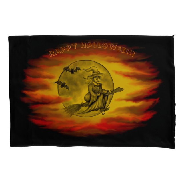 Flying witch with black cat , halloween night pillow case (Front)