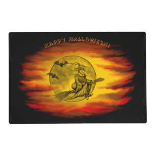 Flying witch with black cat , halloween night placemat