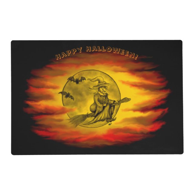 Flying witch with black cat , halloween night placemat (Front)