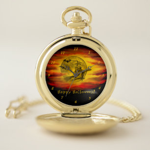 Flying witch with black cat , halloween night pocket watch
