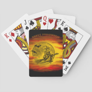 Flying witch with black cat , halloween night poker cards