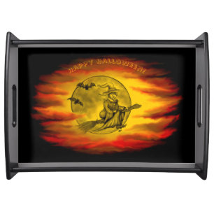 Flying witch with black cat , halloween night serving tray