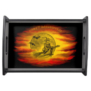 Flying witch with black cat , halloween night serving tray