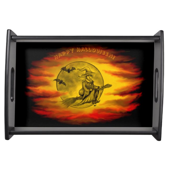 Flying witch with black cat , halloween night serving tray (Front)