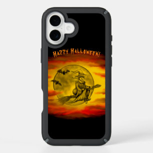 Flying witch with black cat , halloween night iPhone 16 plus case