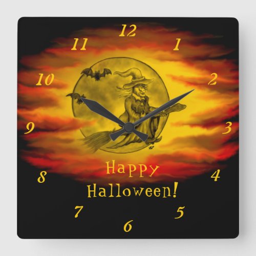 Flying witch with black cat  halloween night square wall clock