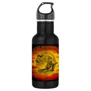 Flying witch with black cat , halloween night stainless steel water bottle