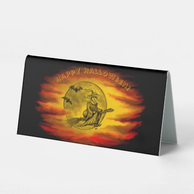 Flying witch with black cat , halloween night table tent (Front)