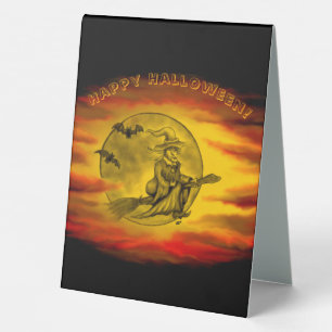 Flying witch with black cat , halloween night table tent