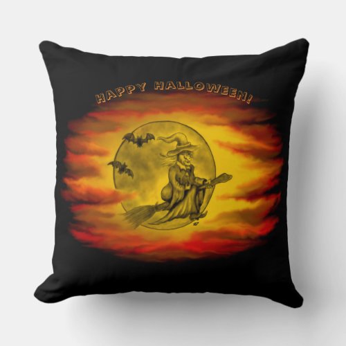 Flying witch with black cat  halloween night throw pillow