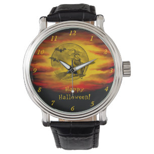 Flying witch with black cat , halloween night watch