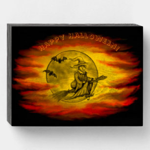 Flying witch with black cat , halloween night wooden box sign